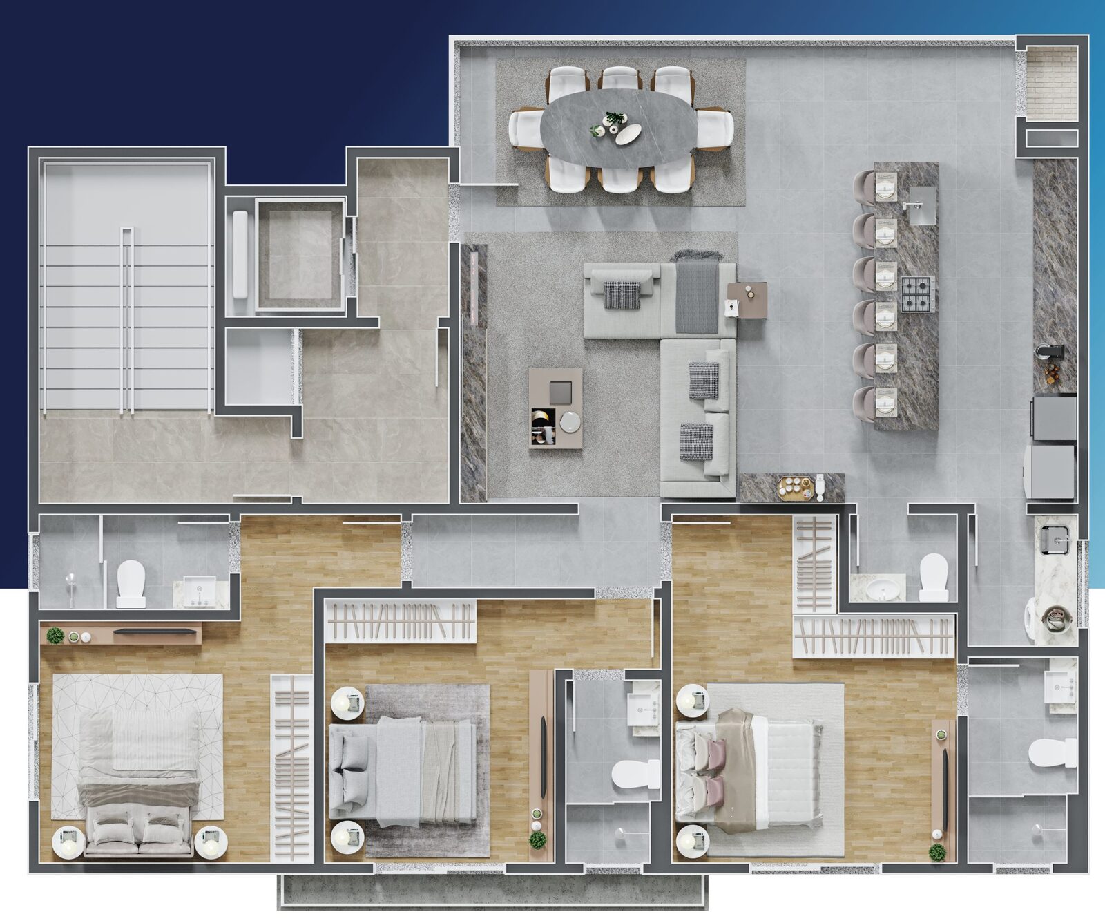 Planta baixa do Apartamento 3 Suítes, 129,49 metros quadrados